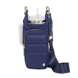 WanderFull HydroBag® HANDLE, Zipper for Handle, 40 oz Water Bottle Holder w/Strap, Crossbody Water Bottle Carrier Bag w/Phone Pocket, Tumbler Accessories - Navy Matte w/Vegan Leather Trimmed Strap