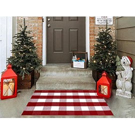 Ckorzen Red and White Plaid Rug, 28" x 43"Christmas Outdoor Front Door Decor Mat, Cotton Hand-Woven Washable Rug for Layered Door Mats Carpet for Porch, Entryway