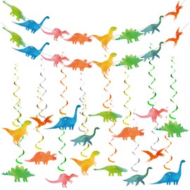 34 Pcs Watercolor Dinosaur Banner and Hanging Swirls Party Decorations Set Dinosaur Birthday Party Decorations Dino Birthday Streamers for Kids Jungle Dinosaur Party Supplies