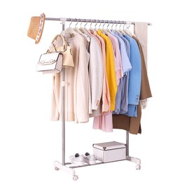 BAOYOUNI Clothes Garment Rack on Wheels Single Rod Metal Rolling Clothing Hats Purses Display Hanger Coat Storage Stand Holder Organizer, Height and Width Adjustable (Ivory)