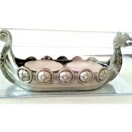 Norway Viking Ship Pewter Double Tea Light Candle Holder, NEW