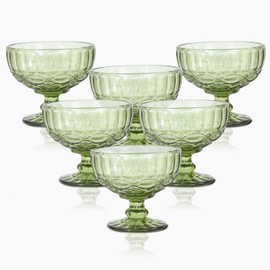 Glass Ice Cream Bowls - Set of 6, Green Small Glass Bowls, Green Vintage Pressed Pattern Glass Ice Cream Cups/Dessert Bowls for coconut peach ice cream Fruit Pudding Trifle Parfait(12 Oz, Serpentine)