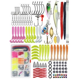 Taicols 114-teiliges Angelköder-Set, weiche Köder, Spinnerbaits, Kunststoff-Würmer und Haken zum Angeln in Süß- und Salzwasser, tragbares Material mit Aufbewahrungsbox