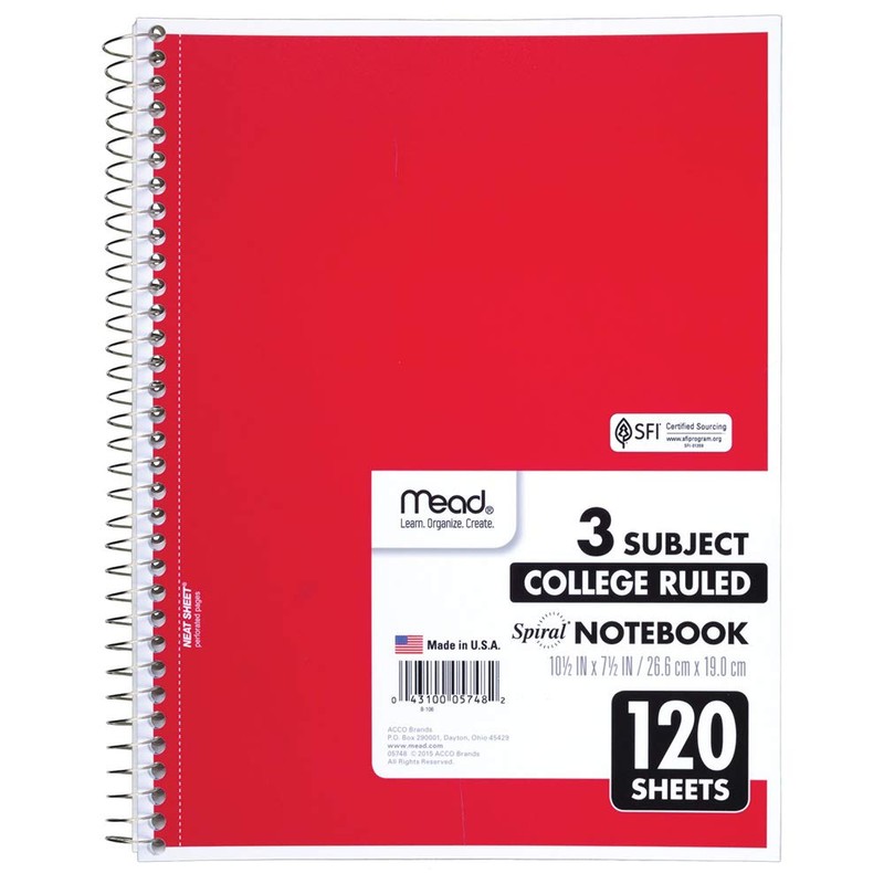 Mead Spiral Notebook, 3 Subject, College Ruled Paper(05748), 120 Sheets,