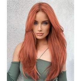 VEBONNY Copper Red Bob Lace Wig with Fringe, Synthetic Auburn Ginger Layered Wigs for Women, Natural Straight, Glue-Free, Shoulder Length Lace Front Wig, 16 Inches, VEBONNY-806