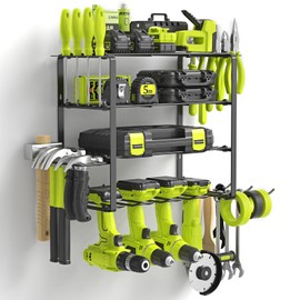 SUNALLY Power Tool Organizer, 4 Drill Holder Wall Mount, Garage Tool Organizer and Storage with Screwdriver Holder, Garage Organization, 4 Layer Cordless Drill Holder with Hammer Holder