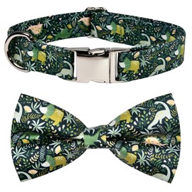 Jungle Dinosaur Dog Bow Tie Dog Collar Accessory, Detachable Bowtie, Adjustable Collar for Small Medium Large Dogs