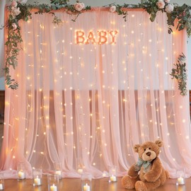 10×10ft Peach Tulle Backdrop Curtain with Lights String for Parties, Sheer Curtain Backdrop Drapes for Wedding Party Home Decorations