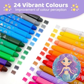 JYPS Mermaid Washable Wax Crayons for Toddlers from 1-3 Years, 24 Colours, Washable Twistable Colouring Pens with Pen Holder, Non-Toxic Colouring Pencils, Painting Accessories for School and Art from