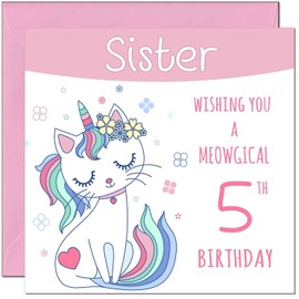 5th Sister Birthday Card - Meowgical Funny Cat Birthday Card for 5 Year old Kids five, fifth