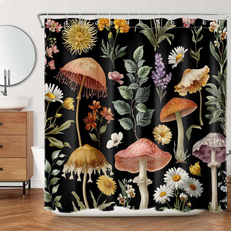 DEMCEAR Country Mushroom Floral Shower Curtain,Black, 72W X 72L inches