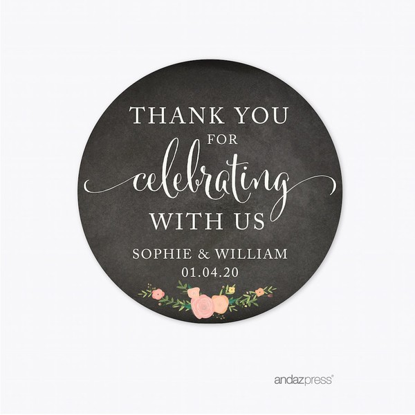Andaz Press Chalkboard Floral Party Wedding Collection, Round Circle Label Stickers, Personalized Thank You for Celebrating with US, 40-Pack, Custom Name