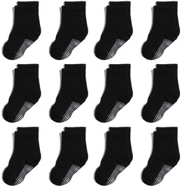 Aroveea Calcetines de tobillo antideslizantes para bebé de 1 a 3 años, color negro, para niños y niñas, paquete de 12, calcetines de algodón para bebé, Negro L, 5-7 Años