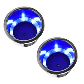 MARINE CITY 8 Blue LED Lights Cup Holder with Drain – 304 Stainless Steel, Corrosion-Resistant, Easy to Install for Boats, Yachts, Ships, Kayaks (Pack of 2)