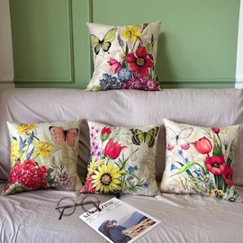 ARNTY Cushion Cover 45 x 45 cm, Cushion Covers, Set of 4, Decorative Outdoor Cushion Cover, Decorative Cushion for Bedroom, Sofa, Chair, Bed, Garden (Flower, Linen)