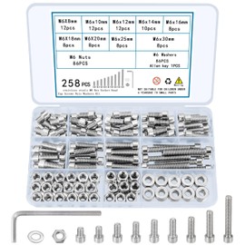 258 Pcs M6 Screws and Nuts, Hex Socket Head Cap Screws Nuts and Bolts Washers Kit, Stainless Steel Bolts and Nuts Kit, Metric Assorted Machine Screws Assortment Kit, Fully Threaded Bolt and Nut Set