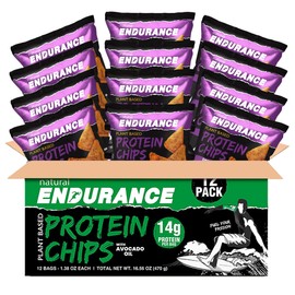 Natural Endurance Protein Chips - Low Carb Chips, High Protein Snack, Vegan Protein with Avocado Oil, 14g Protein Per Bag, Gluten Free, Sweet Chili Flavor - 1.38 oz Bags (Pack of 12)