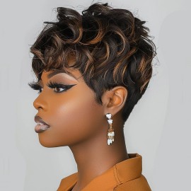 Bingsing Short Pixie Cut Wigs for Black Women Short Curly Hair Layered Wavy Pixie Cut ...