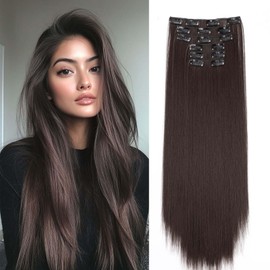 Gairyan 58 cm clip-in extensions, straight, long, brown, 6 pieces, synthetic hair extensions, clip-in hairpiece, hair extension, straight for women, medium brown