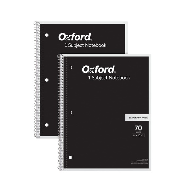 Oxford Spiral Notebook 2 Pack, 1 Subject, 5 x 5 Graph Paper, 8-1/2 x 10-1/2 Inches, Black Covers, 70 Perforated Sheets (65214)