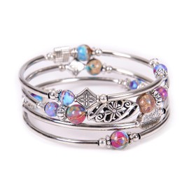 Cumilo Beaded Silver Bangle Wrap Bracelet with Natural Stones for Women