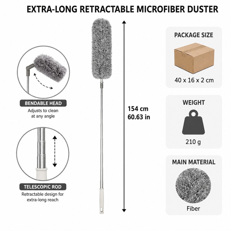 Extendable Microfiber Duster for High Cleaning – 60.63-Inch Bendable Washable