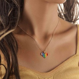 Cimenexe Bohemian Enamel Heart Choker Necklace Rainbow Hearing Pendant Necklace Enamel Colourful Heart Necklace Long Heart Love Chain Necklace Jewellery for Women and Girls Gifts, Zinc, No Gemstone