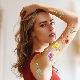 JoyAura Floral Temporary Tattoos for Women - 8 Sheet 380 Pcs 3D Watercolor Flower Fake Tattoo Stickers Tiny Daisy Rose Dandelion Lavender Florals Party Decorations for Adults