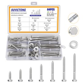 64pcs 1/4" Hex Lag Bolts Screws Washer Assortment Kit,Heavy Duty Wood Screws, 1" 1-1/4" 1-1/2" 2" 2-1/2" 3" 3-1/2" Silver,Stainless Steel 18-8 (304)