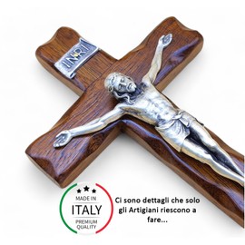 Wall Cross - Crafts Made in Italy Christ and INRI 999 Silver Plated - Wooden Wall Cross Care and Precision of the Details of the Jesus Crucifix - 25 x 14 cm