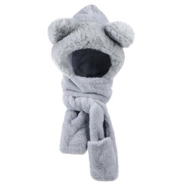 Kids Cartoon Hoodie Scarf Gloves Set 3 in 1 Winter Hat Cute Bear Fluffy Warm Earflap Full Hood Hat Long Scarf Pocket Gloves Thermal Beanie Hat Scarves Neck Warmer Costume Boys Girls 4-12 Years
