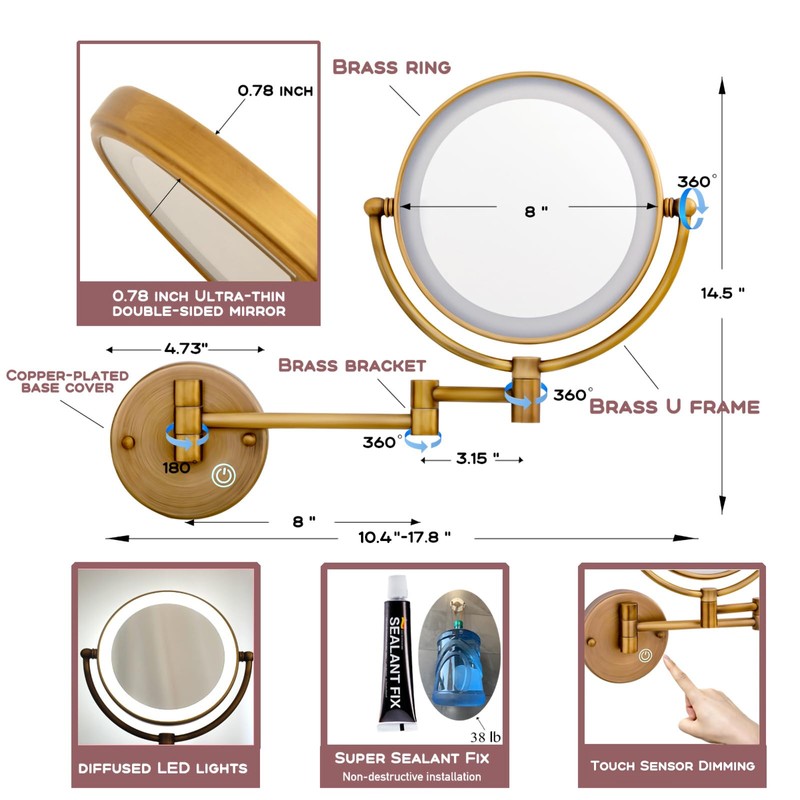 RECKODOR Hardwired Bathroom Wall Mounted Makeup Mirror with Lights and