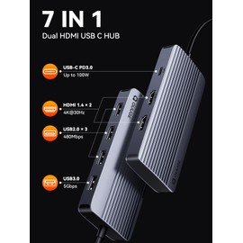 QUUGE Docking Station Dual Monitor 2 HDMI, 7 in 1 USB C Hub with Dual HDMI 4K, PD Charging, 5Gbps USB 3.0, 3 USB2.0, USB C Docking Station for MacBook Pro/Dell XPS/HP/Lenovo/Surface/Yoga etc