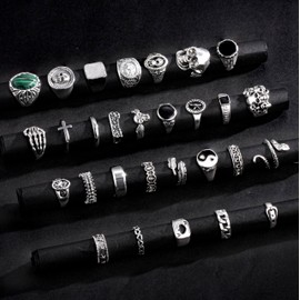 EIELO Vintage Silver Punk Rings Set for Men Cool Gothic Alt Chunky Rings Bulk Skull Snake Stackable Hippie Knuckle Bulky Rings Pack
