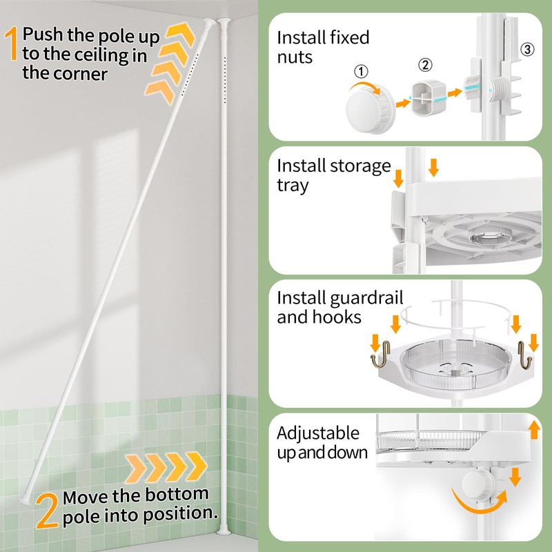 shuang qing 360° Rotating Corner Shower Caddy Tension Pole Organizer
