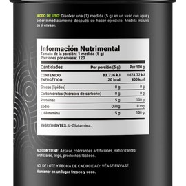 Glutamina Micronizada de 600g con 120 servicios. Ingredientes naturales. Pure Glutamine B Life.