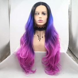 Colour Blue Ombre Dark Purple Rose Red Synthetic Wig for Women 4 Tones Heat Resistant Party Cosplay Drag Queen Wigs (Colour Blue Ombre Dark Purple Rose Red)