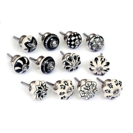 Nacnic Set of 12 hand-painted black and white ceramic knobs with different designs. Handcrafted handles for cabinets, drawers, dressers and hangers. Classic ceramic knobs 40mm diameter