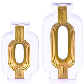 White and Gold Ceramic Vase Set of 2 - Modern Gold Vase for Home Decor, Decorative Centerpiece for Living Room, Dining Table, Office, Shelf, and Mantel, Gold Flower Vase for Housewarming or Gift