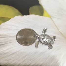 Sterling Silver Hawaiian Sea Turtle Hibiscus With CZ Pendant Necklace With 18” Silver Chain, A6025