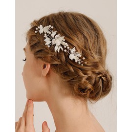 Teyglen 3Pcs Leaf Bride Wedding Hair Comb and Gold Leaf Pearl Hair Pins Comb Floral Flower Headpiece Wedding Hair Accessories Jewelry for Women (Silver)