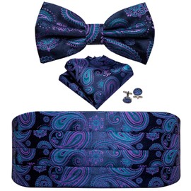 YOHOWA Cummerbund - Juego de pajarita para hombre, diseño de cachemira, de seda, para fiestas, bodas, A Blue Purple Paisley, Talla única