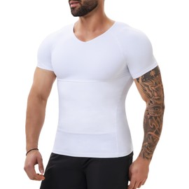 MISS MOLY Compression Shirts For Men Tummy Control Gynomastica Slimming Undershirt V Neck Short Sleeve Shapewear White M
