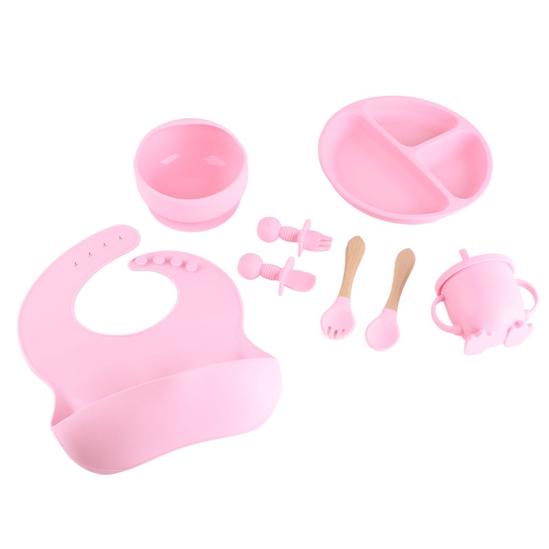 8 Pcs Silicone Baby Feeding Set Bib Suction Plate Bowl