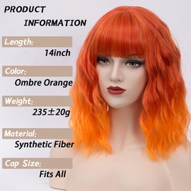 14" Women Short Wavy Curly Wig Ombre Orange Bob Cosplay Halloween Synthetic Wigs With Neat Bang With Free Wig Cap (Ombre Orange 1)