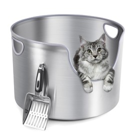 FOPUNB Stainless Steel Litter Box, Metal Litter Box, Integrated Round, XL 12'' High Side, Odor Control, Easy to Clean, Durable, Includes Scoop for Big Cats & Multi-Cat Households