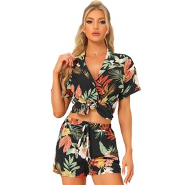 Allegra K Women Hawaiian Shirt and Shorts Set Tropical 2023 Summer Beach Trip Button Down Sets Black Large