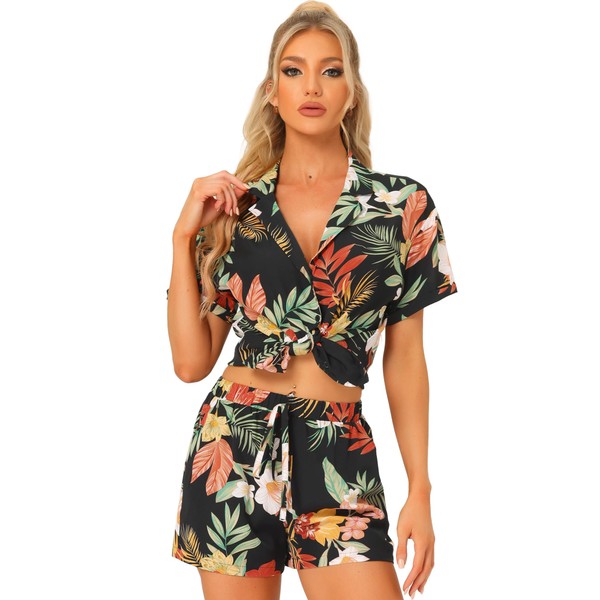 Allegra K Women Hawaiian Shirt and Shorts Set Tropical 2023