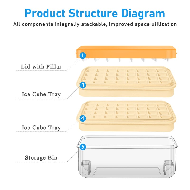 Ice Cube Tray with Lid and Bin, 64 pcs Ice