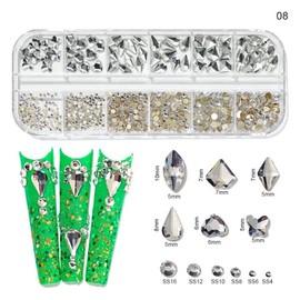 KARMELLING 1 Box 12Girds Multi Size Colorful Hotfix Rhinestones Flatback Crystal Diamond Gems 3D Glitter Nail Art Luxurious Decorations,Silver